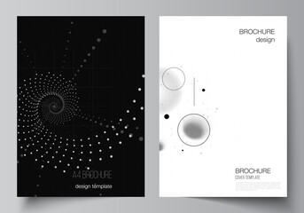 Fototapeta premium Vector layout of A4 cover mockups templates for brochure, flyer layout, booklet, cover design, book design. Abstract technology black color science background. Digital data. Minimalist high tech.