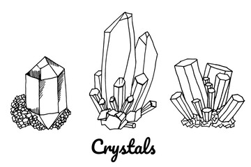 Collection of hand drawn doodle crystals for  icon, beauty logo, emblem, social media cover or geological and jewelry poster design. Vector graphic illustration isolated on white background.