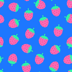 Strawberries seamless background blue. Repeating vector strawberry pattern. Scandinavian style cute summer fruit surface pattern design for fabric, wallpaper, packaging, kids wear.