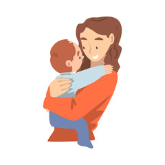 Young Mother Holding her Toddler Baby, Happy Parenting, Motherhood and Kids Care Cartoon Vector Illustration