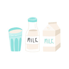 Cute hand-drawn glass with milk, bottle and carton box packaging with lettering. Vector cartoon illustration.