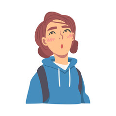 Portrait of Surprised Girl Looking Up Cartoon Vector Illustration