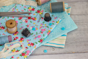 Concept of handicraft. Fabrics and sewing accessories for needlework.