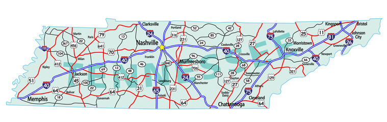 Fototapeta na wymiar Vector map of the state of Tennessee and its Interstate System.