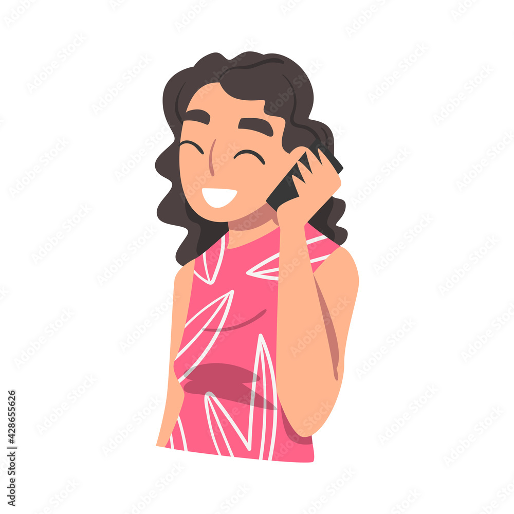 Wall mural Smiling Brunette Girl Talking on Phone, Happy Young Woman Using Smartphone in Friendly or Family Telephone Communication Cartoon Vector Illustration