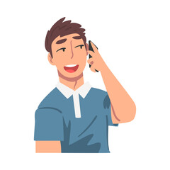 Cheerful Young Man Talking on Phone, Guy Communicating Using Smartphone Cartoon Vector Illustration