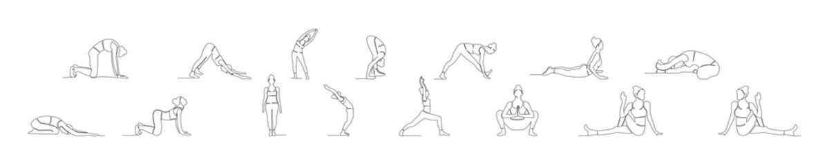 Yoga set, women's fitness yoga concept vector health illustration continuous line drawing