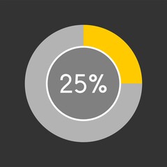 25 percent, circle percentage diagram on black background vector illustration.