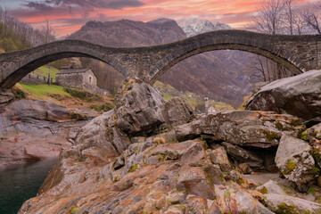 Ponte dei Salti, Lavertezzo, Valle Verzasca, Canton of Tessin, Switzerland. Travel concept.