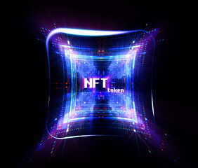 Crypto currency. Abstract effect. Future tech. NFT non-fungible token. .Digital cryptoart. Shine grid. Neon flare. Quantum computer. .Magic code. Grid HUD lines. Web device. 3d rendering. QR code