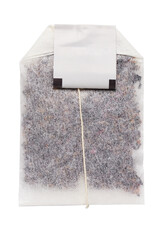 Teabag with blank label isolated on white background.
