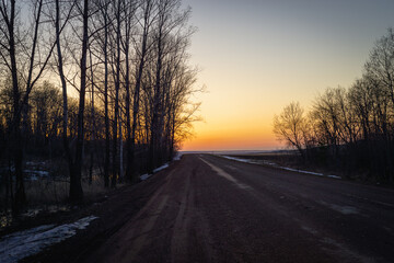 The road through the forest and the evening sunset.