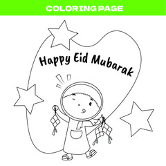 Coloring page of Muslim girl smiling while holding ketupats. Eid Mubarak coloring activities suits for kids and fit for promoting Muslim activities for children. Vector format.