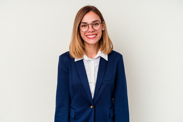 Young business caucasian woman isolated on white background happy, smiling and cheerful.