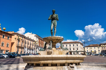 Fountain in the main square of L'Aquila, Italy devasted by earthquake of 2009