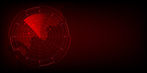 Digital red realistic radar screen background. Abstract radar with targets. Military search system. Vector illustration.