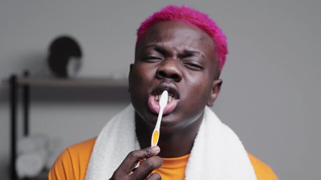 Morning hygiene. Stylish black man. Bathroom routine. Healthy treatment. Smiling hipster african guy bright pink hair towel on shoulder brushing teeth gray interior background.