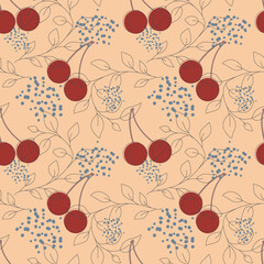 Red pair cherries on beige background fruit seamless pattern. Vector illustration of an infinite pattern linear leaves and colored drops. Ripe juicy fruits in a flat linear style.