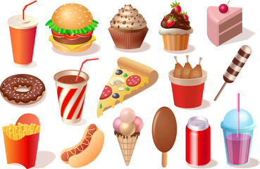 Vector fast food illustration set. Collection of fast food illustrations as sweets, cackes, pizza, juice, hamburger, chicken isolated in white background.