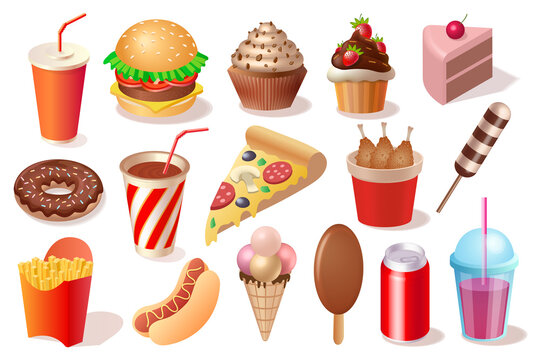 ast food illustration set. Collection of fast food illustrations as sweets, cackes, pizza, juice, hamburger, chicken isolated in white background.