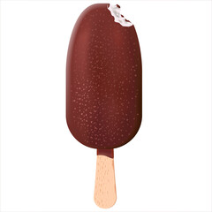 Bitten ice cream popsicle covered with chocolate isolated on white background. Realistic Illustration.