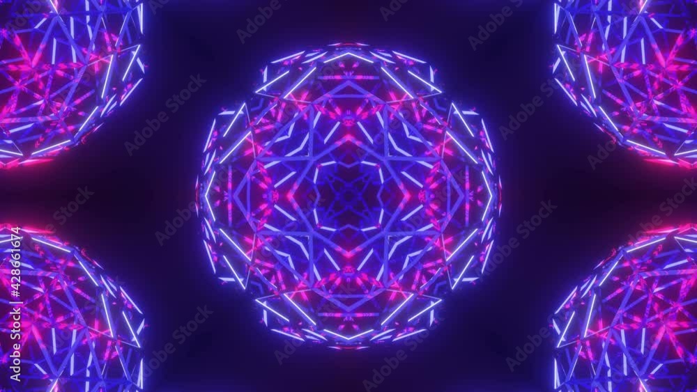 Poster blue-violet animated abstract kaleidoscope patterns on black background. looped background. 3d rende