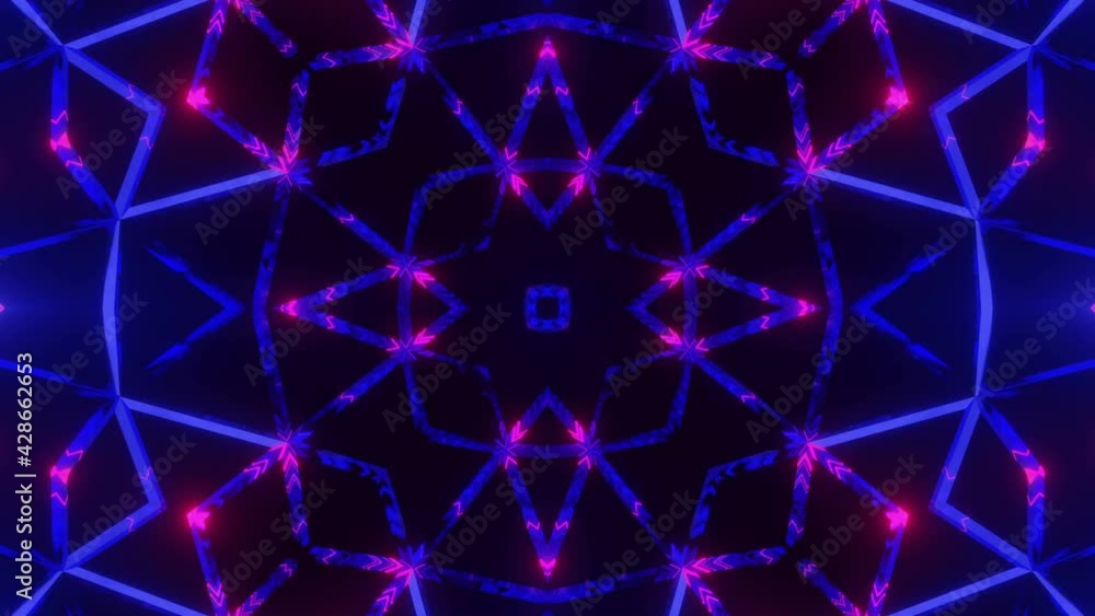 Poster blue-violet animated abstract kaleidoscope patterns on black background. looped background. 3d rende