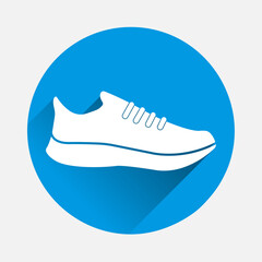 Vector icon sports shoes sneakers on icon on blue background. Flat image with long shadow.