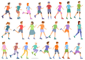Fototapeta na wymiar Children rollerblading icons set. Cartoon set of children rollerblading vector icons for web design