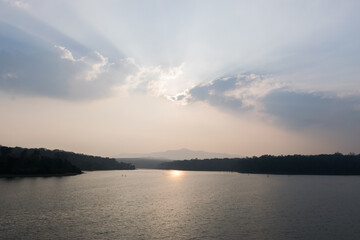 Panoramic landscape view of Chiklihole dam at sunset. The dam is located in Coorg, Karnataka, India