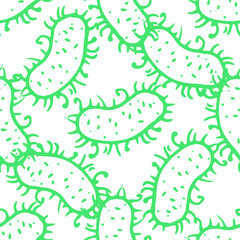 Vector seamless pattern of a randomly arranged oval bacterium with short tentacles with swirls drawn by hand with a green line in the style of a doodle on a white background for a design template