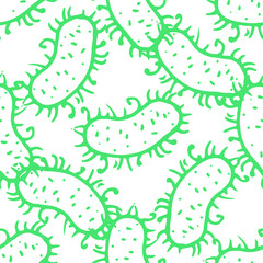 Fototapeta premium Vector seamless pattern of a randomly arranged oval bacterium with short tentacles with swirls drawn by hand with a green line in the style of a doodle on a white background for a design template