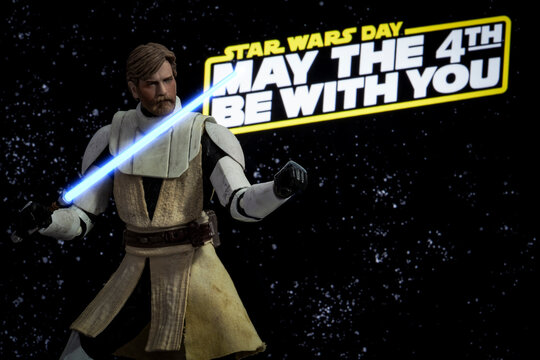 NEW YORK, USA - APRIL 20 2021: May the 4th Star Wars Day concept - General Obi-wan Kenobi from the Clone Wars - Hasbro action figure