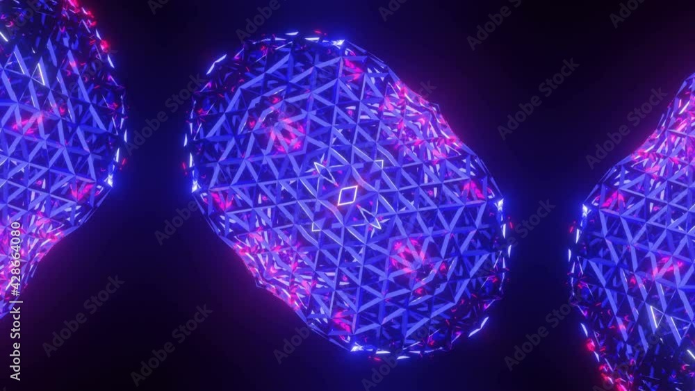 Poster blue-violet animated abstract kaleidoscope patterns on black background. looped background. 3d rende
