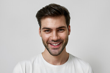 Obraz premium Smiling handsome young man in casual white t-shirt