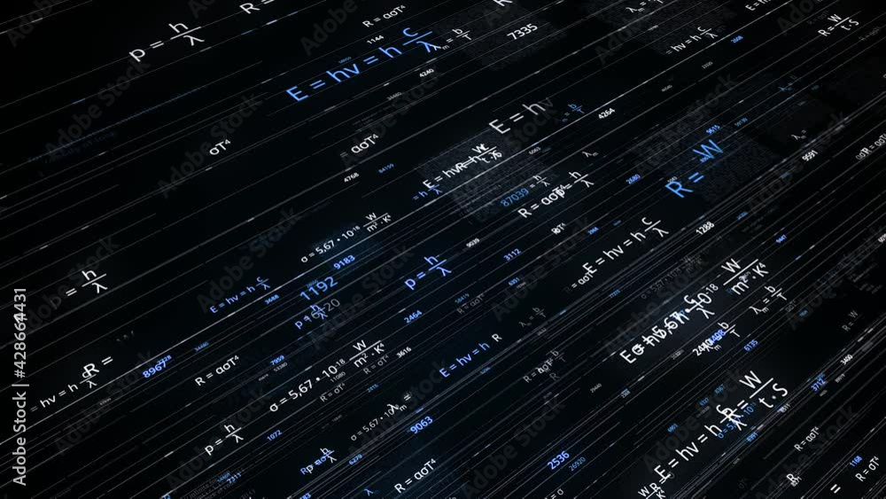Poster lines with mathematical equations on black background. animation. glowing mathematical formulas in c