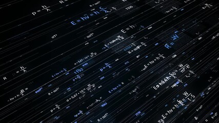 Lines with mathematical equations on black background. Animation. Glowing mathematical formulas in cyberspace. Mathematical formulas change and move on lines in electronic space - Powered by Adobe
