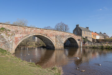 Fototapeta na wymiar River Tyne and old Nungate Bridge in Haddington, One of Scotland’s oldest bridges, the bridge dates from the 16th century, Scotland.