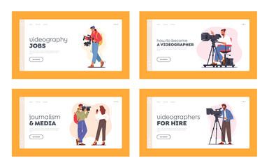 Mass Media Industry Profession Landing Page Template Set. Professional Videographer Characters Record Video or Movie