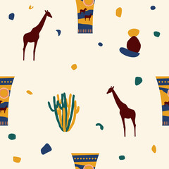 Ethnic african seamless pattern. African traditionat tribal symbols seamless pattern for textile, souvenir shop wrapping paper, t shirt print, tourism agency flyer advertising. Hummingbird background