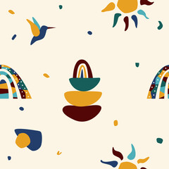 Ethnic african seamless pattern. African traditionat tribal symbols seamless pattern for textile, souvenir shop wrapping paper, t shirt print, tourism agency flyer advertising. Hummingbird background