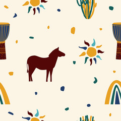 Ethnic african seamless pattern. African traditionat tribal symbols seamless pattern for textile, souvenir shop wrapping paper, t shirt print, tourism agency flyer advertising. Hummingbird background