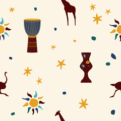 Ethnic african seamless pattern. African traditionat tribal symbols seamless pattern for textile, souvenir shop wrapping paper, t shirt print, tourism agency flyer advertising. Hummingbird background