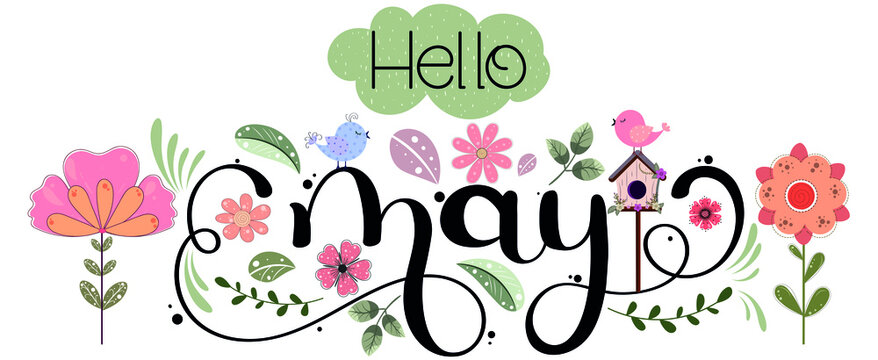 Hello May. MAY month vector with flowers, birds and leaves. Decoration floral. Illustration month may	
