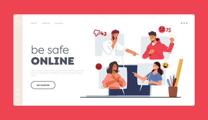 Cyberbullying Network Abuse and Harassment Landing Page Template. Cyber Bullying Problem. Haters Character on Pc Screen