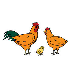 Set of Cartoon cute farm domestic Family animals of the brown green red cock, hen and yellow chicken isolated on white background