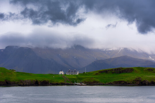 Videy island near the capital Reykjavik during a cloudy summer day 