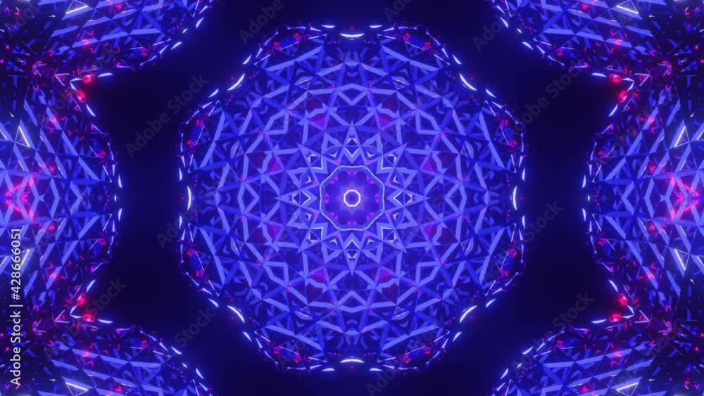 Poster blue-violet animated abstract kaleidoscope patterns on black background. looped background. 3d rende