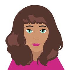 Avatar of a modern woman with blue eyes and brown hair. The character is isolated on a white background Print for clothes, magazines, websites. 