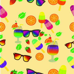 Summer, juicy seamless pattern. A set of vector images consisting of sunglasses, strawberry, orange, cocktail and ice cream.